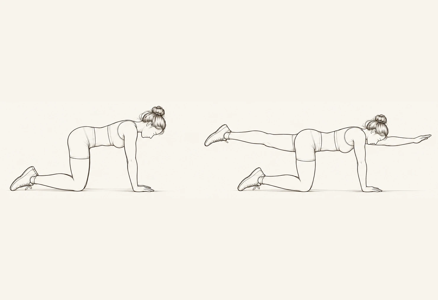 Editorial line-art illustration of Bird Dog: quadruped start and extended opposite arm/leg position